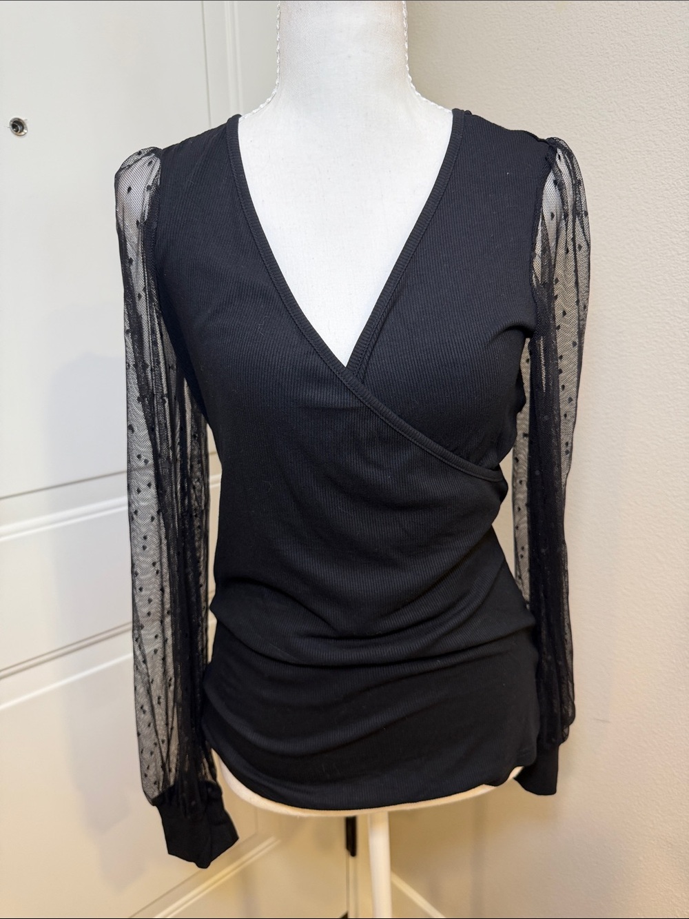 Black Mesh-Sleeve Wrap Front Long Sleeve Top